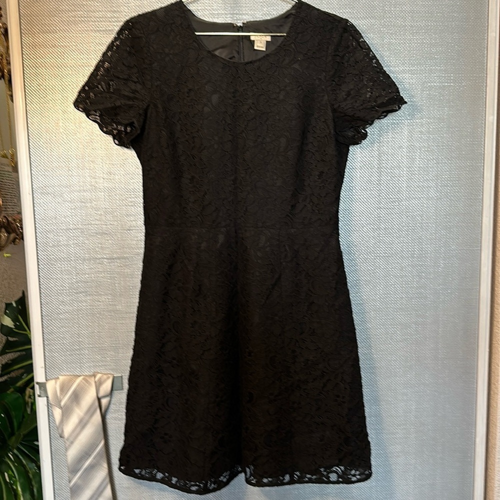 J Crew Black Lined Lace scallop short sleeve back zip closure Dress Size 8
